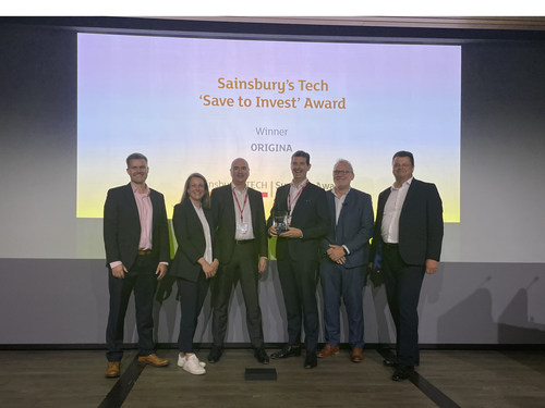 The Origina team receives the 'Save to Invest' Award at Sainsbury's Tech Supplier Day