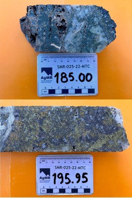 Figure 2: Close-up view of mineralized intervals of drill core; photo A: semi-massive sulphides, including abundant galena, silver sulphosalts, sphalerite, chalcopyrite, with quartz and rhodochrosite gangue minerals, Matacaballo vein hole SMR-25-22-MTC, 185.00 m depth; photo B: chalcopyrite-rich interval of massive sulphide vein segment, also showing galena, sphalerite, pyrite, Ayayay vein, hole SMR-25-22-MTC, 195.95 m depth. (CNW Group/Silver Mountain Resources Inc.)