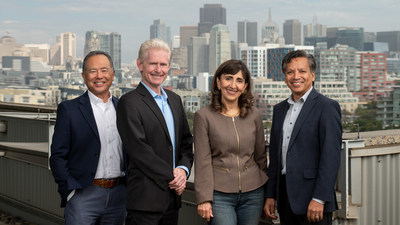 Gladstone Institutes and CZ Biohub sign an affiliation agreement to increase research collaboration. From left to right: Gladstone COO Robert Obana, Biohub President Joe DeRisi, Biohub COO Mandana Asgharnejad, and Gladstone President Deepak Srivastava. Photo: Michael Short/Gladstone Institutes