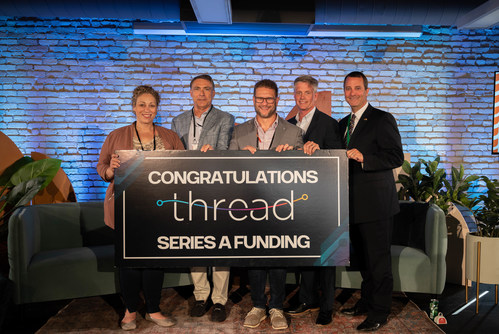 Executives celebrate Thread Series A funding at recent Prairie Capital Summit meeting. Pictured: Kodee Furst, 50 South Capital; Blaine Crissman, Badlands Capital; Josh Riedy, Thread; Chuck Pineo, UND Aerospace Foundation; Dana Sande, UND Aerospace Foundation. Executives celebrate Thread Series A funding at recent Prairie Capital Summit meeting. Pictured: Kodee Furst, 50 South Capital; Blaine Crissman, Badlands Capital; Josh Riedy, Thread; Chuck Pineo, UND Aerospace Foundation; Dana Sande, UND Aerospace Foundation.