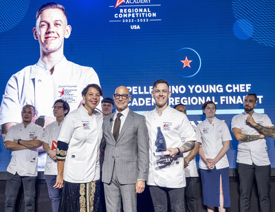 Academy Award nominee and best-selling author Stanley Tucci with Chef Nina Compton of Compère Lapin and Chef Daniel Garwood, the winner of the S.Pellegrino Young Chef Academy Competition U.S. Regional Final on October 25, 2022, in New York City. Chef Garwood will continue on to compete in the Grand Finale in Milan, Italy in 2023 where Chef Compton will serve as his mentor. PHOTO CREDIT: EVAN SUNG FOR S.PELLEGRINO® SPARKLING NATURAL MINERAL WATER.