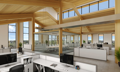 Bridgeland Mass Timber Office Building Interior, Courtesy of The Howard Hughes Corporation