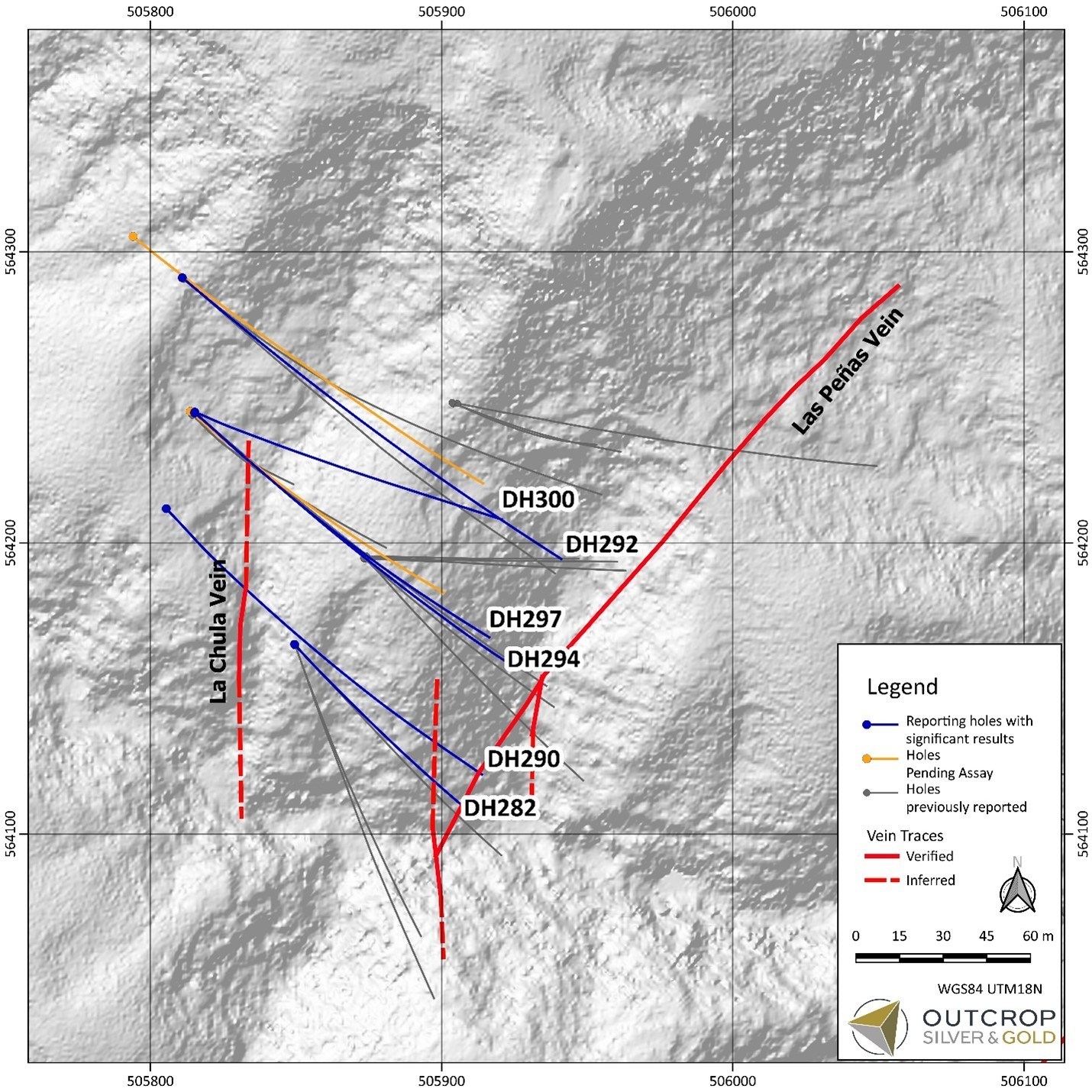 Map 1. Las Maras target area with drill hole traces. (CNW Group/Outcrop Silver & Gold Corporation) Map 1. Las Maras target area with drill hole traces. (CNW Group/Outcrop Silver & Gold Corporation)