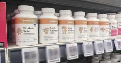 HAVN Life products pictured on shelf at Loblaws' Fortinos banner in GTA (Toronto Area)  in October 2022. (CNW Group/HAVN Life Sciences Inc.)