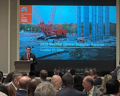 Bechtel's Tarek Amine speaking at the awards ceremony in Reston, Va.