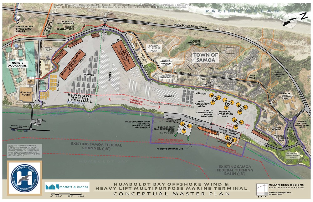 Master Plan of proposed offshore wind terminal at the Port of Humboldt Bay in California. Through Crowley’s Wind Services group, the company will enter into negotiations with the port to lease and serve as the port’s developer of the Humboldt Bay Offshore Wind Heavy Lift Marine Terminal. Services there will support tenants in the manufacturing, installation and operation of offshore wind floating platforms, use of large heavy cargo vessels and providing crewing and marshalling services.