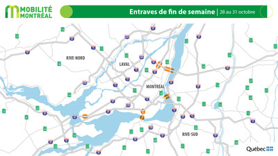 1. Entraves de fin de semaine, 28 au 31 octobre (Groupe CNW/Ministère des Transports et de la Mobilité durable)