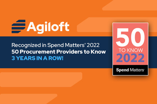 Agiloft is Recognized as a 'Vendor to Know' by Spend Matters for Third Consecutive Year. Spend Matters names Agiloft among the 50 best-in-class software vendors in the procurement and supply chain market for 2022. For the third consecutive year, Agiloft's no-code CLM platform receives top ratings for innovation, market presence, tech competency, and solution delivery from world-renowned industry analyst firm.
