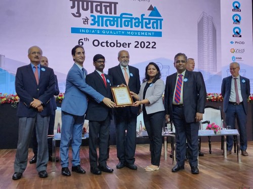 UL Solutions receives a Prof. S.K. Joshi Laboratory Excellence Award Certificate of Appreciation from the Quality Council of India. Pictured here from left: Vipin Sondhi, former CEO, Ashok Leyland, Sudhir Zutshi, director of Global Government Affairs at UL Solutions, Nandakumar Sarangan, laboratory manager at UL Solutions, Adil Zainulbhai, chairman, Quality Council of India, Vinutha M.U., quality engineering manager at UL Solutions, V. Srinivasa Desika, sales director at UL Solutions. UL Solutions receives a Prof. S.K. Joshi Laboratory Excellence Award Certificate of Appreciation from the Quality Council of India. Pictured here from left: Vipin Sondhi, former CEO, Ashok Leyland, Sudhir Zutshi, director of Global Government Affairs at UL Solutions, Nandakumar Sarangan, laboratory manager at UL Solutions, Adil Zainulbhai, chairman, Quality Council of India, Vinutha M.U., quality engineering manager at UL Solutions, V. Srinivasa Desika, sales director at UL Solutions.