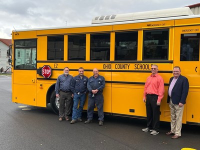 Ohio County Schools taking delivery of a GreenPower BEAST all-electric, purpose-built school bus. In the photo are David Moore, WV state bus inspector, Sam Croft, Ohio County School District Professional School Bus Technician, Randy McCardle, Ohio County School District Professional School Bus Technician, David Crumm, Ohio County School District Administrator of Operations and Mark Nestlen, GreenPower Vice President of Business Development and Strategy.