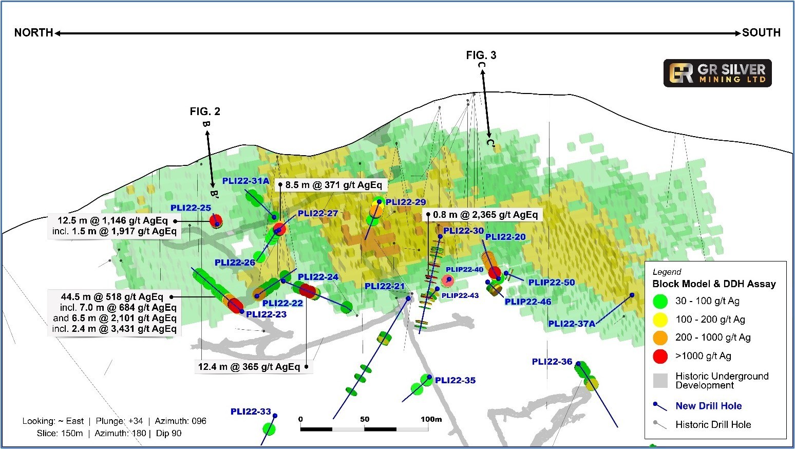 FIGURE 1 Location of Selected 2022 Infill Drill Holes – Plomosas Mine Area Upper Levels Longitudinal Section (CNW Group/GR Silver Mining Ltd.)