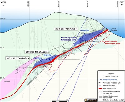 FIGURE 3 Geological Cross Section (2,551,700 N – C-C’) – Plomosas Mine Area (CNW Group/GR Silver Mining Ltd.)