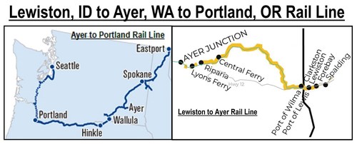 Lewiston, ID to Ayer, WA to Portland, OR Rail Line Maps