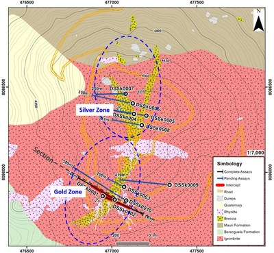 Figure 1. A simplified geology plan map and drill holes of the Discovery Drill Program at Silverstrike Central (CNW Group/New Pacific Metals Corp.)