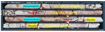 Figure 3. High-grade gold mineralization occurs at the contacts with rhyolite dykes in hole DSSk0002 (CNW Group/New Pacific Metals Corp.)