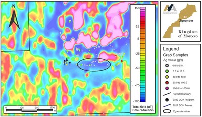 Figure 2 – Zgounder Far West with Magnetics (Gradient RTP) and Ag Grab Samples (CNW Group/Aya Gold & Silver Inc)