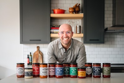 Stefano Faita pictured with select items from his range of authentically Italian products. Stefano Faita Tomato Basil, Marinara, Arrabbiata, Rosée and Alfredo sauces are now available at Sobeys stores across Canada. (CNW Group/Stefano Faita)