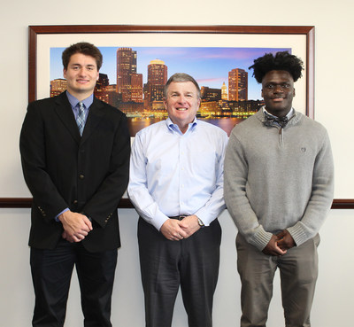 As part of their new partnership, Boston Mutual Life Insurance Company is offering internship positions for Anna Maria College students. Pictured here: Business Administration major Jordan Matovu '22 and Criminal Justice major Zack Roncarati '25 with Boston Mutual Life Chairman, CEO, and President Paul A. Quaranto, Jr. (who is also an Anna Maria College alum).
