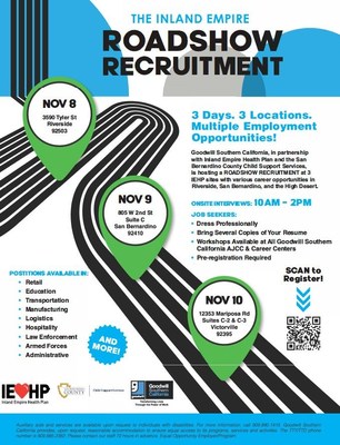 In collaboration with Goodwill of Southern California, Riverside and San Bernardino Counties and the Department of Child Support Services, IEHP Community Resource Centers are hosting Roadshow Recruitment job fairs next week.