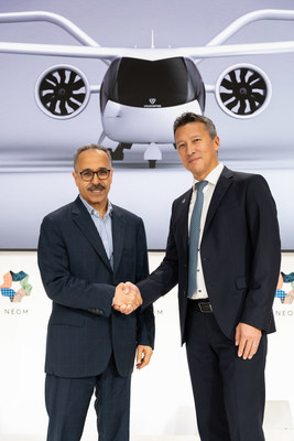 Nadhmi Al-Nasr, CEO NEOM and Dirk Hoke, CEO Volocopter, during the signing in Berlin, Germany