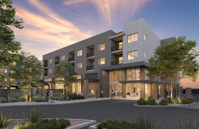 A rendering of Marlowe Centennial Hills at dusk. The community, which recently broke ground, is scheduled to deliver its first apartment homes in early 2024. (PRNewsfoto/Greystar)