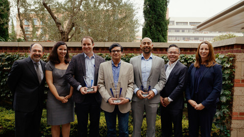 The 2022 Hearst Health Prize finalists and leadership from the UCLA Center for SMART Health and Hearst Health. Left to right: Arash Naeim, MD, PhD, UCLA; Rochelle Cross, Hearst Health; Finalist David Vawdrey, PhD, Geisinger; winner Veera Anantha, PhD, Constant Therapy Health; finalist Bobby Reddy, Jr., Prenosis; Alex Bui, PhD, UCLA; Denielle deWynter, Hearst Health. The $100,000 Hearst Health Prize is an annual award for excellence in data science in healthcare.