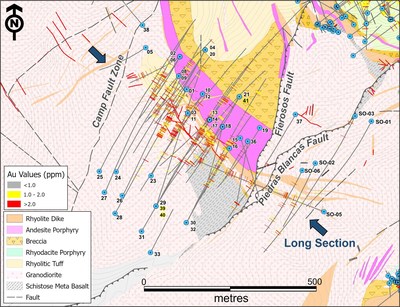 Figure 1. Geological plan map of Camp deposit showing location of vertical longitudinal sections displayed in Figure 2. (CNW Group/Luminex Resources Corp.)