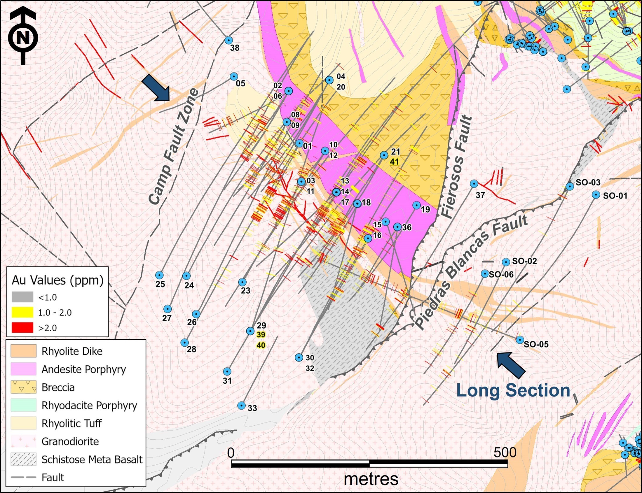 Figure 1. Geological plan map of Camp deposit showing location of vertical longitudinal sections displayed in Figure 2. (CNW Group/Luminex Resources Corp.) Figure 1. Geological plan map of Camp deposit showing location of vertical longitudinal sections displayed in Figure 2. (CNW Group/Luminex Resources Corp.)