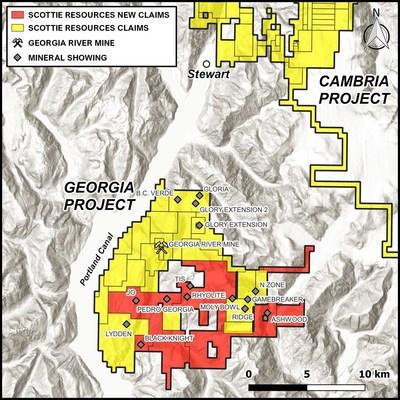 Figure 1: Overview claim map of the recent staking by Scottie Resources around the Georgia Project. (CNW Group/Scottie Resources Corp.)