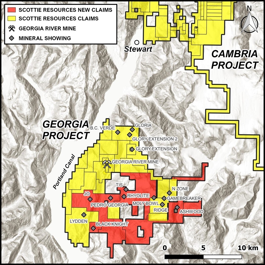 Figure 1: Overview claim map of the recent staking by Scottie Resources around the Georgia Project. (CNW Group/Scottie Resources Corp.) Figure 1: Overview claim map of the recent staking by Scottie Resources around the Georgia Project. (CNW Group/Scottie Resources Corp.)