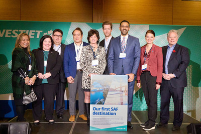 Lana van Marter, MGR of Renewable Aviation, Neste, Holly Monster, U.S. Consul General, Andy Gibbons, WestJet V.P., External Affairs, Gareth Lewis, WestJet, Dir., Sustainability & ESG, Sonya Savage, Minister of Environment & Protected Areas, Government of Alberta, Alexis von Hoensbroech, WestJet CEO, George Chahal, Member of Parliament, Calgary Skyview, Alberta, Angela Avery, WestJet Group E.V.P & Chief People, Corporate & Sustainability Officer and James Rajotte, Alberta's Snr. Rep. to the U.S. (CNW Group/WESTJET, an Alberta Partnership)