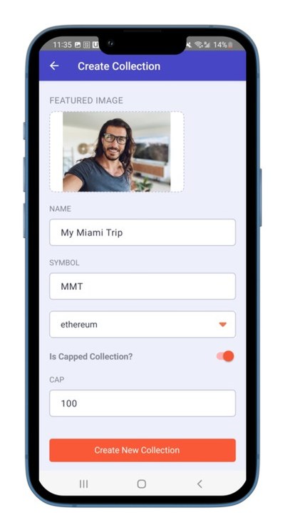 Creating a new NFT collection in the NFTMe mobile app with the specification that it is a collection with a capped number of NFTs within it