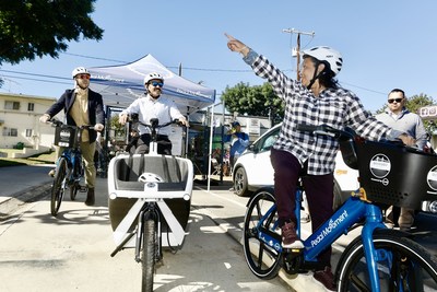 LACI's Good2Go e-Bikes Pilot launch for residents of Rancho San Pedro featuring resident and community coach Maria Montes leading a ride