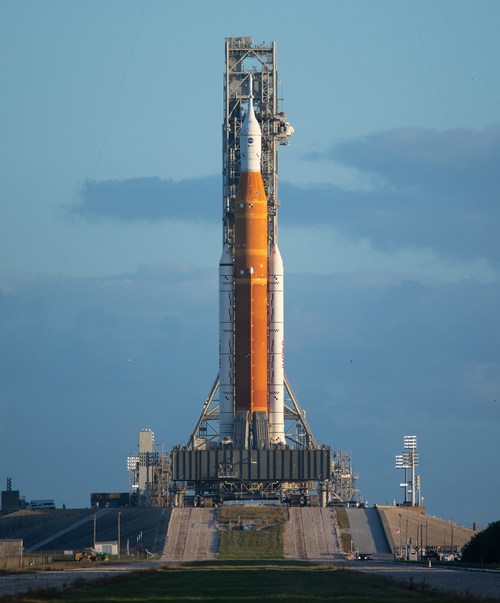 NASA's Space Launch System rocket with the Orion spacecraft for Artemis I arrived to Launch Pad 39B at Kennedy Space Center in Florida Nov. 4. Launch of the uncrewed Artemis I flight test is targeted for Nov. 14. Credits: NASA/Joel Kowsky