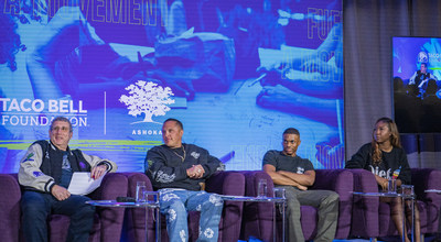 The Ambition Accelerator judges (left to right): Taco Bell franchisee and Taco Bell Foundation Chairman Neil Borkan, BornxRaised founder Spanto, musical trailblazer Vince Staples, and Topicals CEO Olamide Olowe.