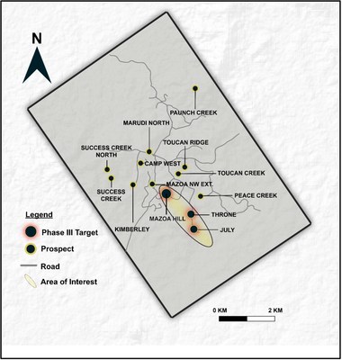 Figure 1. Overview of the Marudi Mountain Property showing location of the Mazoa Hill Deposit and additional prospects. The area of focus for Phase III drilling is highlighted. (CNW Group/Golden Shield Resources)