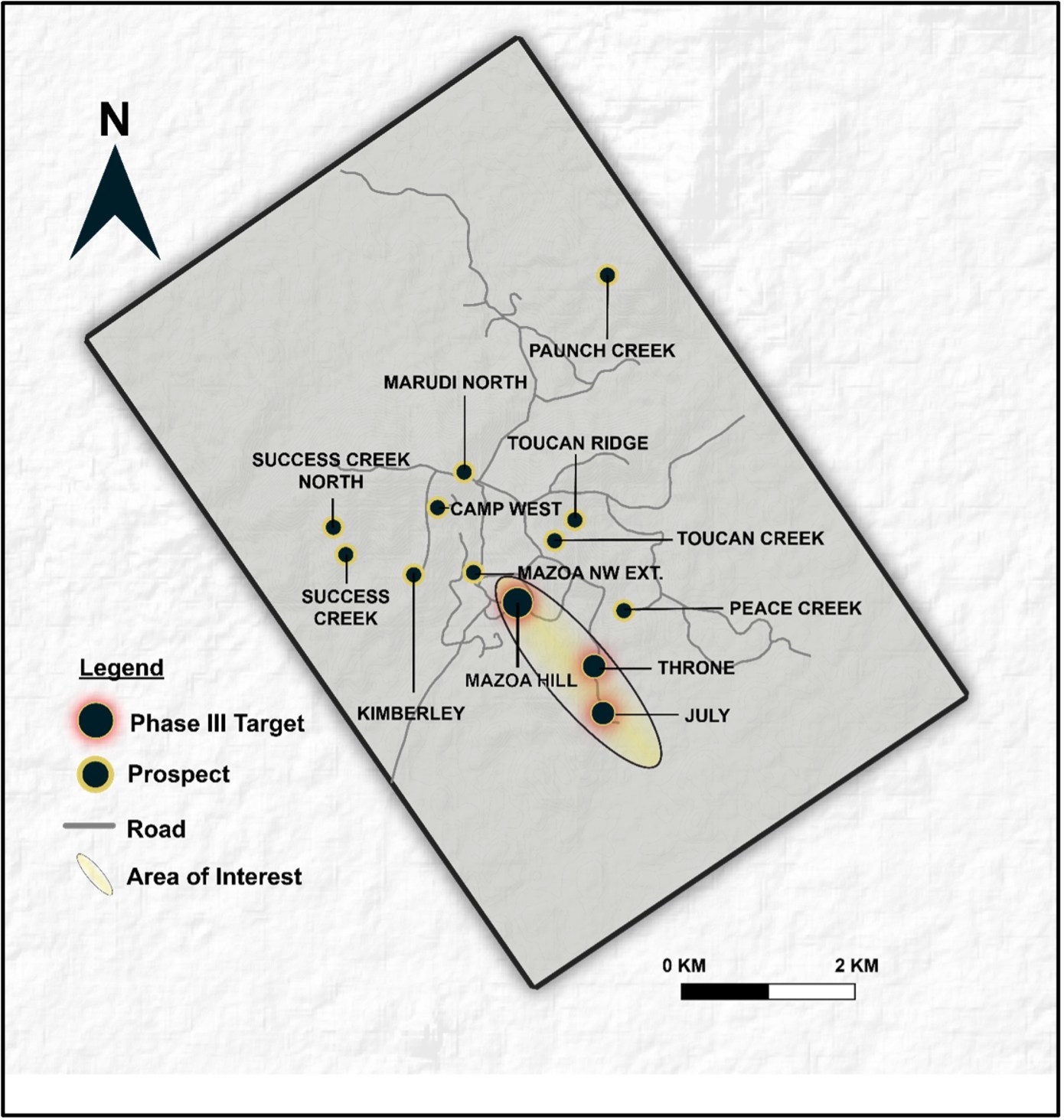 Figure 1. Overview of the Marudi Mountain Property showing location of the Mazoa Hill Deposit and additional prospects. The area of focus for Phase III drilling is highlighted. (CNW Group/Golden Shield Resources) Figure 1. Overview of the Marudi Mountain Property showing location of the Mazoa Hill Deposit and additional prospects. The area of focus for Phase III drilling is highlighted. (CNW Group/Golden Shield Resources)