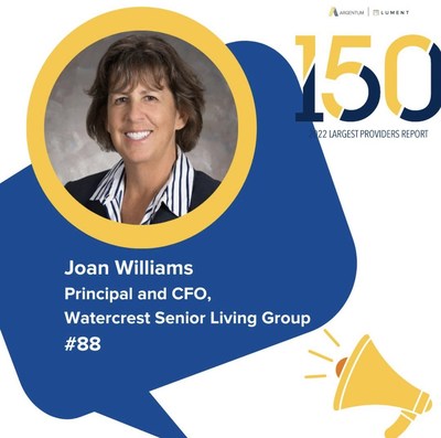 Women in Leadership Initiative recognizes Joan Williams, Principal and CFO of Watercrest Senior Living Group as Watercrest ranks in the top 100 largest senior living providers in the nation.