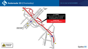 Autoroute 13 (Chomedey) à Montréal et à Dorval - Fermeture complète en direction nord au cours de la fin de semaine du 11 novembre 2022