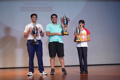 L to R: Devansh Malpani (1st runner-up), Ekansh Arora (Champion), and Anika Dalwani (2nd runner-up)