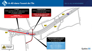 Autoroute 40 en direction est à Sainte-Anne-de-Bellevue - Fermeture complète au cours de la fin de semaine du 11 novembre 2022