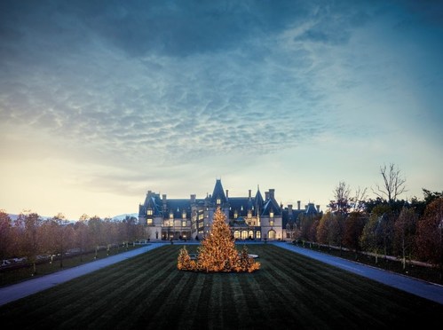 Christmas at Biltmore during twilight. Credit: The Biltmore Company