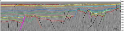 Karoo Rift Basin Seismic (line 1) - Seismic section through the Karoo Rift Basin showing the main and perched grabens (rift valleys); note the series of normal faults controlling the rift basin architecture and depositional stratigraphy. (CNW Group/Reconnaissance Energy Africa Ltd.)