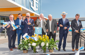 On Wednesday, Nov. 9, a ribbon-cutting ceremony was held to open Royal Caribbean International’s new $125 million cruise terminal in Galveston, Texas, and the arrival of the state’s largest cruise ship yet, Allure of the Seas. From left to right: Galveston Wharves Board of Trustees Chairman Harry Maxwell, State Senator Mayes Middleton, U.S. Congressman Randy Weber, City of Galveston Mayor Craig Brown, Galveston Wharves Port Director Rodger Reese, Royal Caribbean International President and CEO Michael Bayley, and CERES Terminals CEO Craig Mygatt.