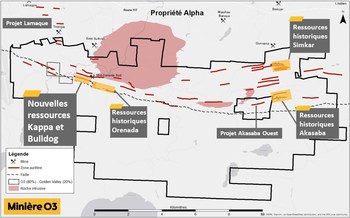Figure 1 : Carte de la propriété Alpha (Groupe CNW/O3 Mining Inc.)
