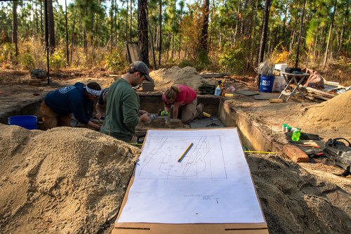 Archaeologists clean up continental burials with the plan of the excavation unit in the foreground.  Photo by Sarah Nell Blackwell