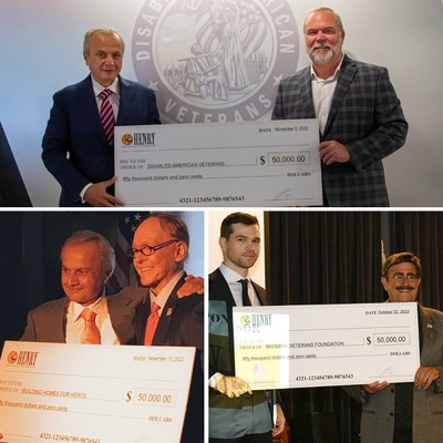 Henry Repeating Arms CEO Anthony Imperato presenting a check to Disabled American Veterans (top), Building Homes for Heroes (bottom left), and Henry Repeating Arms Communications Director Dan Clayton-Luce presenting a check to the National Veterans Foundation (bottom right).
