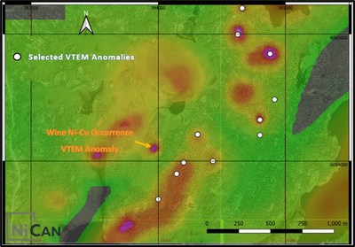 Figure 1: Selected VTEM targets within the Wine Gabbro shown on a 50-meter conductivity depth slice (CNW Group/Nican Ltd.)
