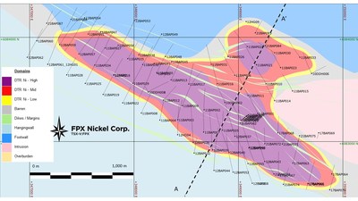 Figure 1: Baptiste Deposit Plan View Grade Shells and Dike Swarms Within the Mineralized Peridotite (CNW Group/FPX Nickel Corp.)
