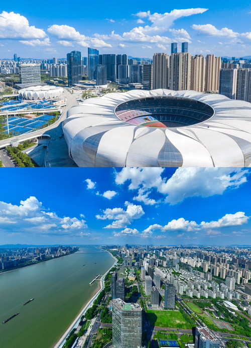 (U) Binjiang-based Hangzhou Olympic Sports Center Stadium and the Tennis Center Finals Hall and (D) A bird's-eye view of Hangzhou National High-tech Industrial Development Zone (Binjiang District)